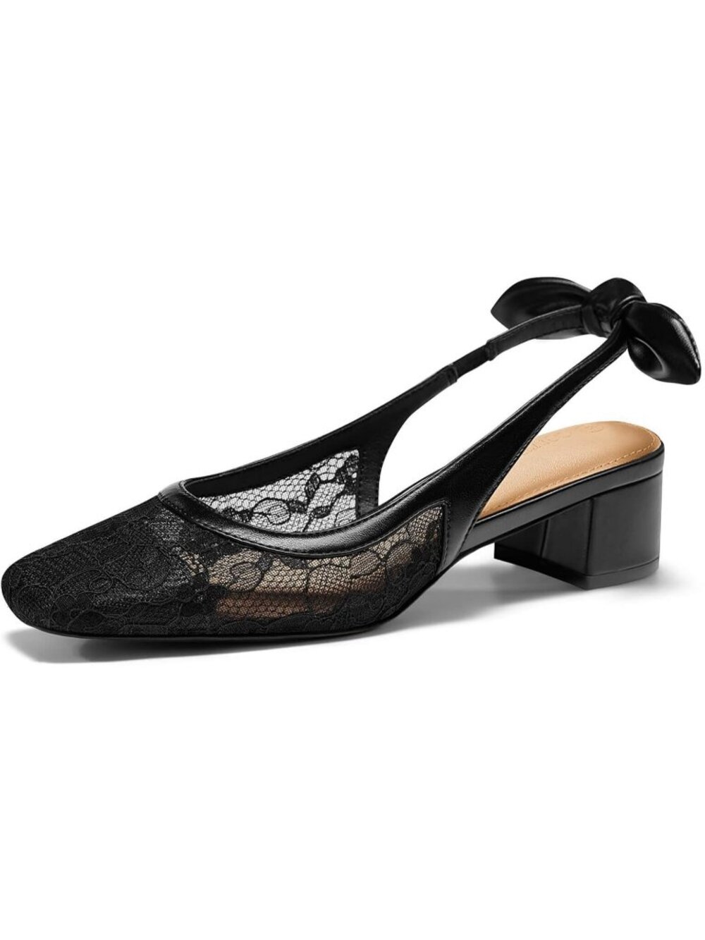 Women's Black Lace Chunky Low Heels Bow Slingback Closed Square Toe Pumps Shoes